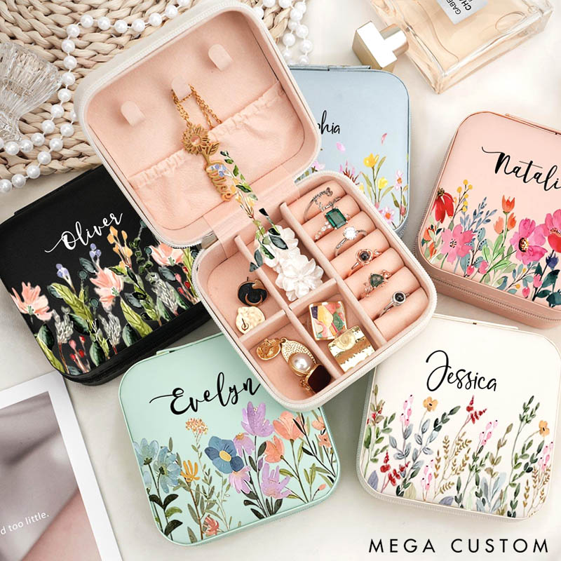 Personalized Leather Jewelry Travel Case with Name Gift for Her