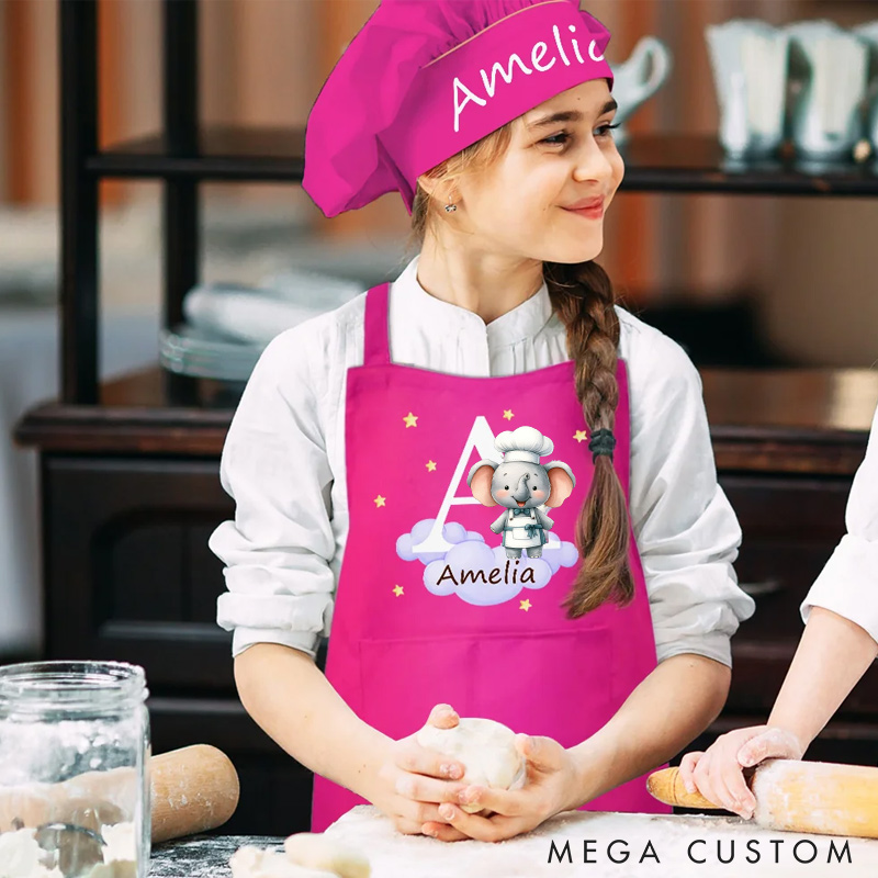 Personalized Cute Forest Animal Panda Elephant Adjustable Kid Apron Chef Hat Set with Name and Initial Handcraft Activities Birthday Gift for Kids
