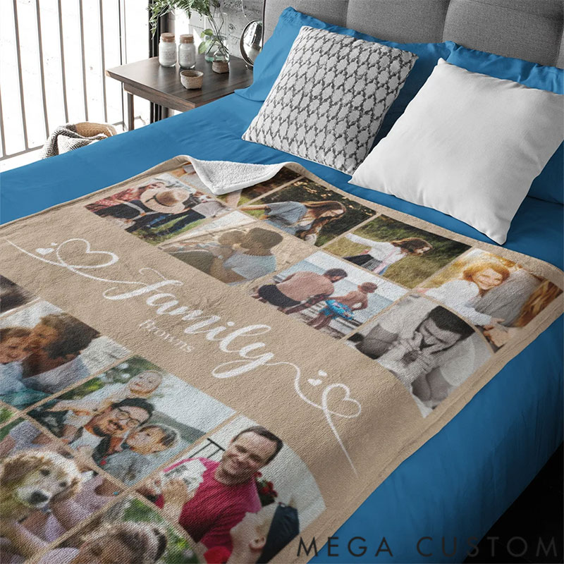 Personalized Multicolor 16 Photos Collage Soft Family Throw Blanket with Name Birthday Christmas Home Decoration Gift for Family