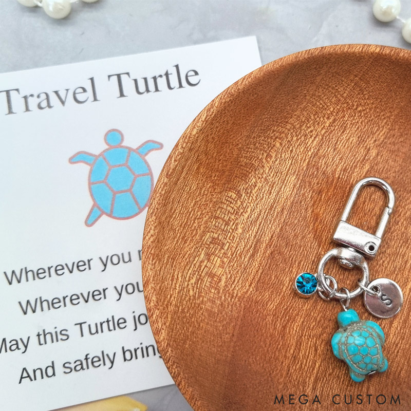 Personalized Travel Turtle Keychain with Birthstone Initials Travel Turtle Bag Charm Gift for Travel Lovers