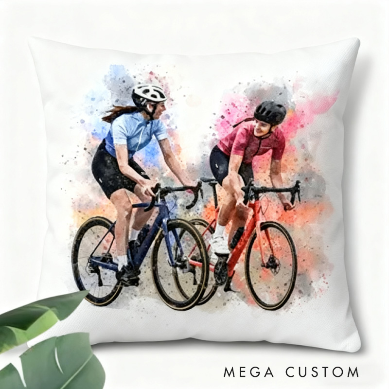 Personalized Photo Pillow for Cycling Lovers Bicycle Cartoon Watercolour Cyclist Gift Idea Cycling Present Housewarming First Home Gift  Custom Throw Pillow