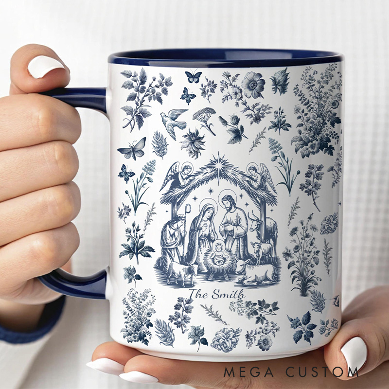 Personalized Nativity Scene Toile Ceramic Mug with Name Religious Inspirational Gift Christmas Gift for Christians