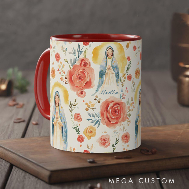 Personalized Rose Virgin Mary Ceramic Mug with Name Religious Inspirational Gift Catholic Gift for Christians