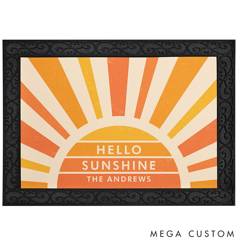 Personalized Hello Sunshine Doormat Custom Family Name Rug Perfect Housewarming Gift for New Home Bright Entryway Decor Durable Indoor Outdoor Mat