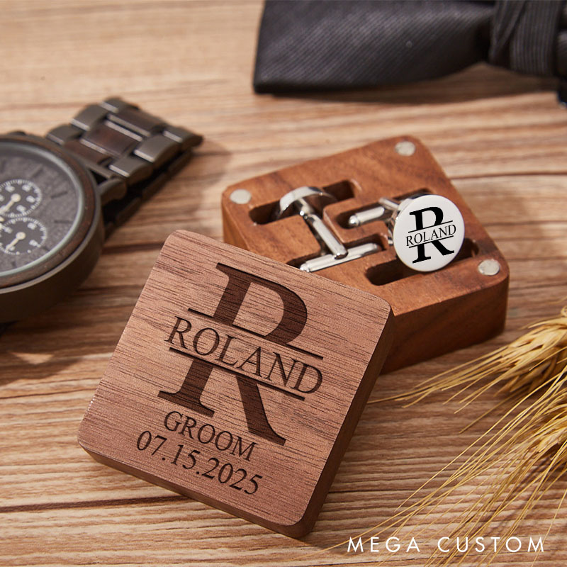 Personalized Groomsman Cufflink Gift Box Engraved Wooden Cufflink Box with Cufflinks Wedding Party Favors Gift for Groom Best Man