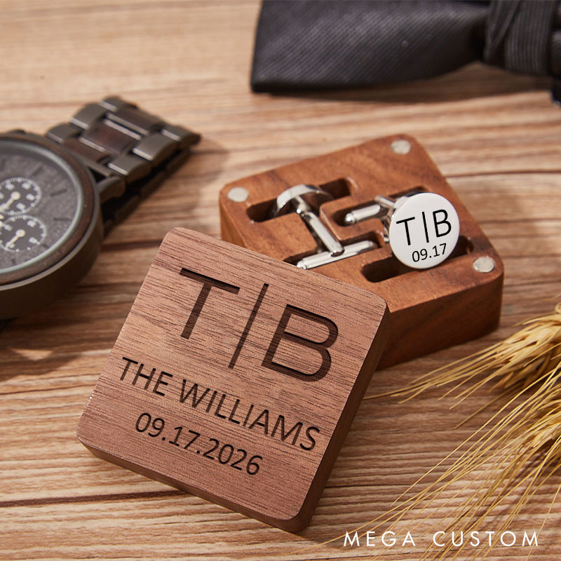 Personalized Wooden Cufflink Box Set Custom Wedding Party Gifts for Groom Groomsmen Engraved Cufflinks Box with Cufflinks Groomsmen Bachelor Gift