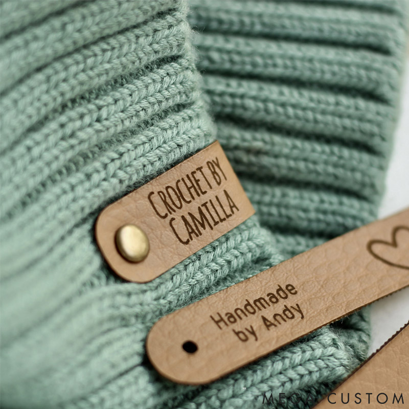 Personalized Set of 10 Faux Leather Labels for Knitted Handmade or Crochet with Custom Name and Snaps Gift for Knitting Crocheting Lovers