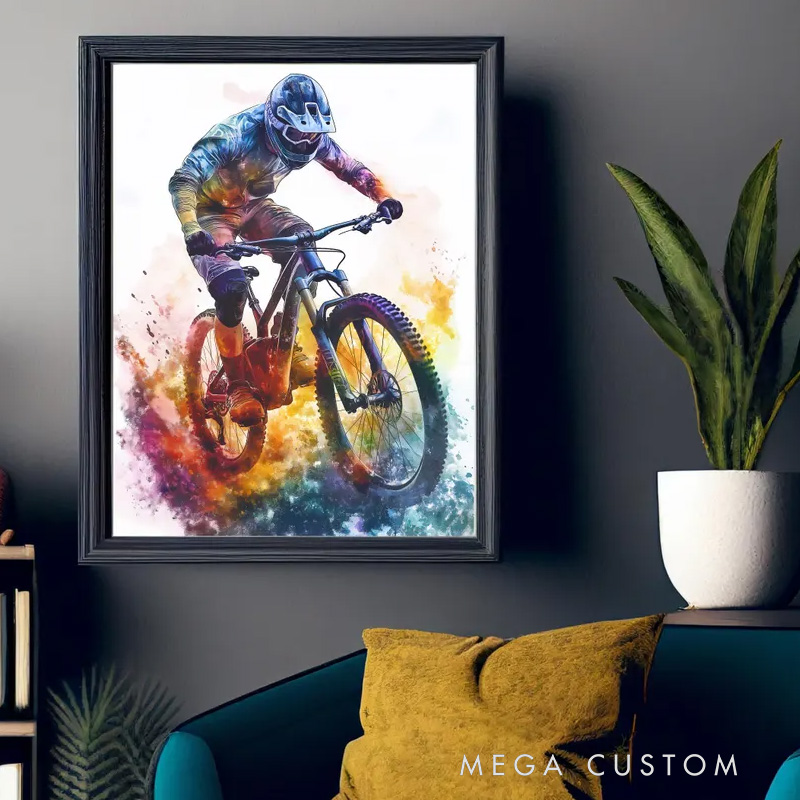 Personalized Photo Colorful Mountain Bike Wall Art Cycling Portrait Painting Cyclist Gift Idea Cycling Present
