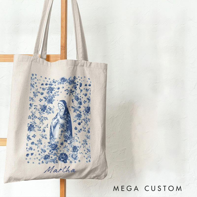 Personalized Virgin Mary Canvas Tote Bag with Name Birthday Gift Religious Gift Catholic Gift for Women
