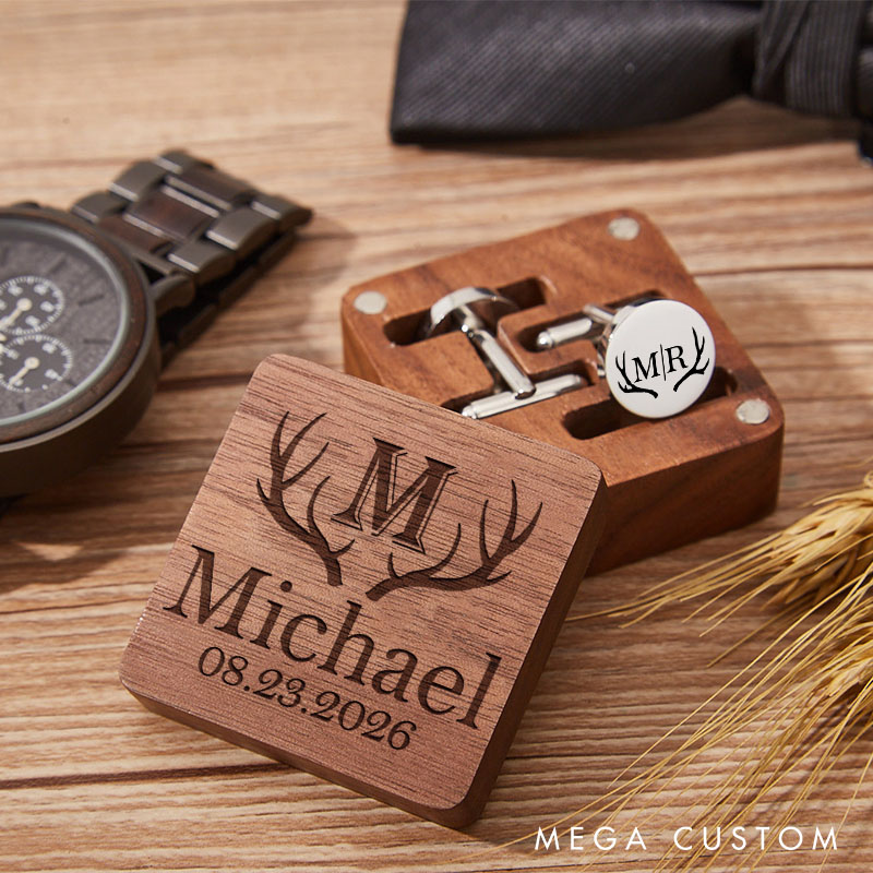 Personalized Groomsmen Cufflink Box Set Wooden Cufflink Box with Cufflinks Rustic Antler Design Cufflinks Wedding Party Gift for Groom Best Man