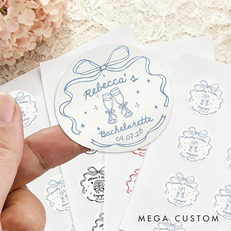 Personalized Romantic Wedding Bow Waterproof Stickers with Name Wedding Bridal Shower Party Favors Bachelorette Party Sticker Engagement Gift