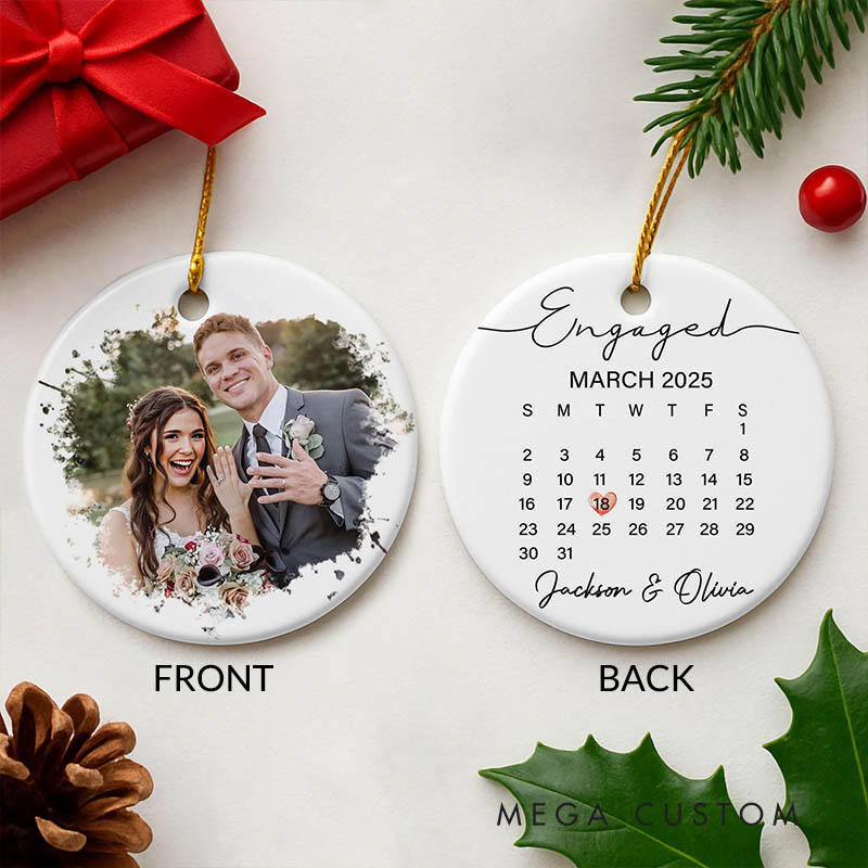 Personalized Couple Engaged Calendar Date Ceramic Ornament with Name Wedding Married Photo Ornament Our First Christmas Ornament Engagement Gift
