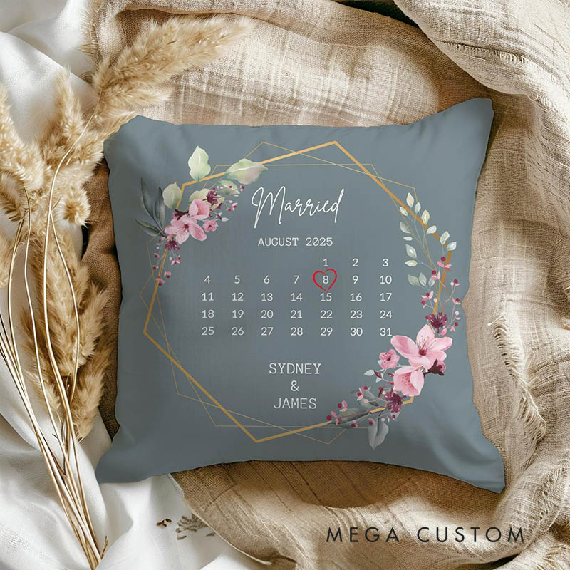 Personalized Couple Floral Married Calendar Pillow with Name Custom Newlyweds Wedding Date Pillow Engagement Pillow for Husband Wife Anniversary Gift