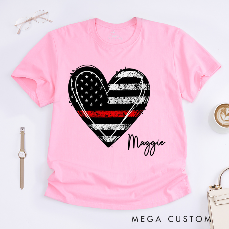 Personalized Firefighter Thin Red Line Heart Design Gift for Female Firefighter Fireman Wife Girlfriend T-Shirt