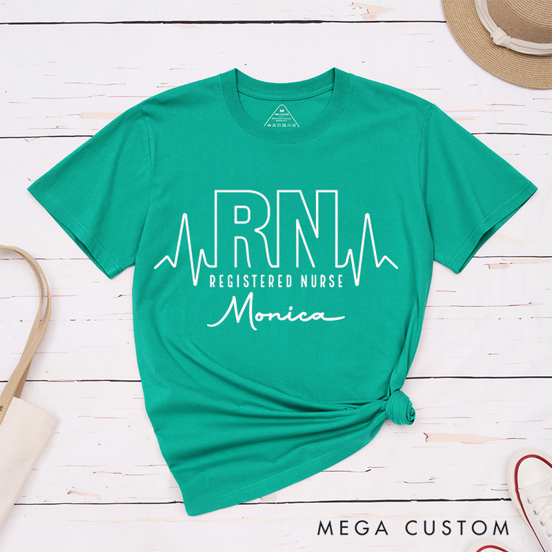 Personalized Nurse T-Shirts Registered Nurse with Heartbeat Fashion Design T-Shirts