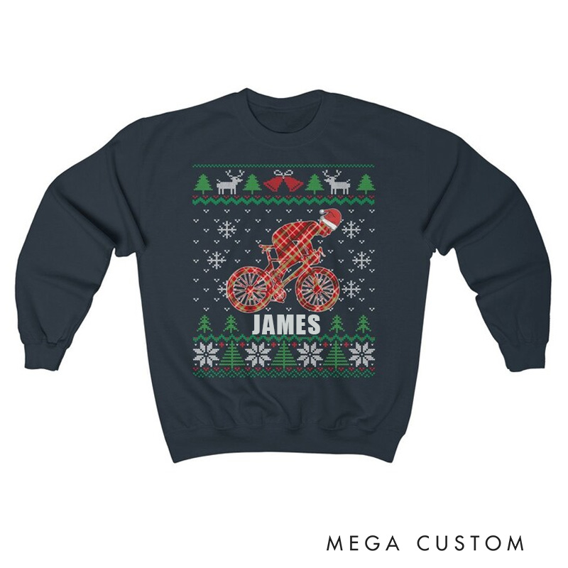 Personalized Cycling Christmas Sweatshirt Funny Bike Cyclist Gift Ugly Christmas Sweater Holiday Party Shirt Xmas Unisex Heavy Blend Sweatshirt