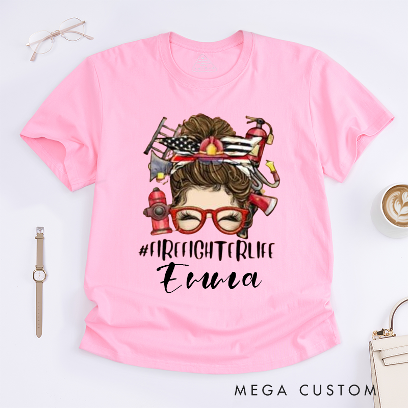 Personalized Firefighter FirefighterLife Trendy Bun Design Gift for Women for Female Firefighter Fireman Wife Girlfriend T-Shirt