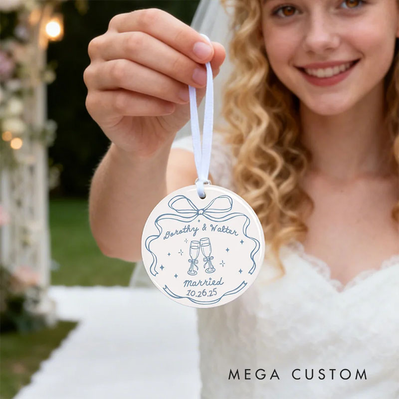 Personalized Couple Romantic Wedding Bow Ceramic Ornament Custom Newlyweds Married Ornament Our First Christmas Ornament Engagement Bridal Shower Gift