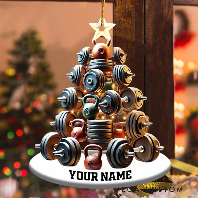 Personalized Dumbbell and Kettlebell Tree Christmas Ornament Gift for Gym Lover