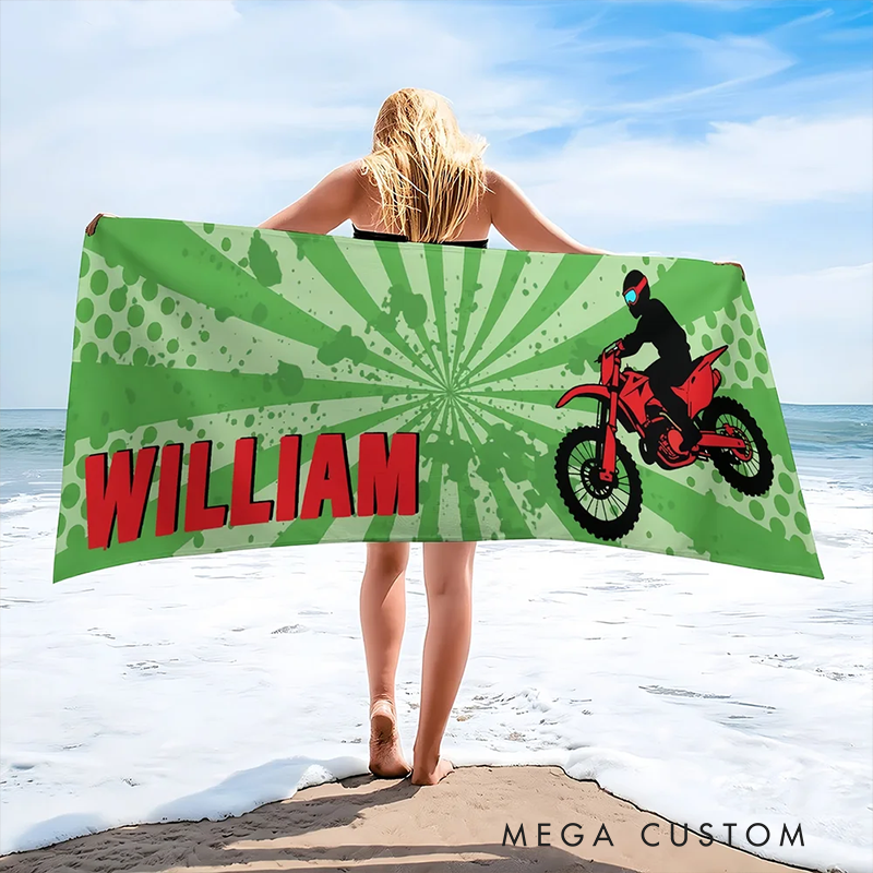 Personalized Extreme Sports Beach Towel with Name Custom Rectangular Thick Cotton Towel Gift for Motorcyclist and Racing Lovers