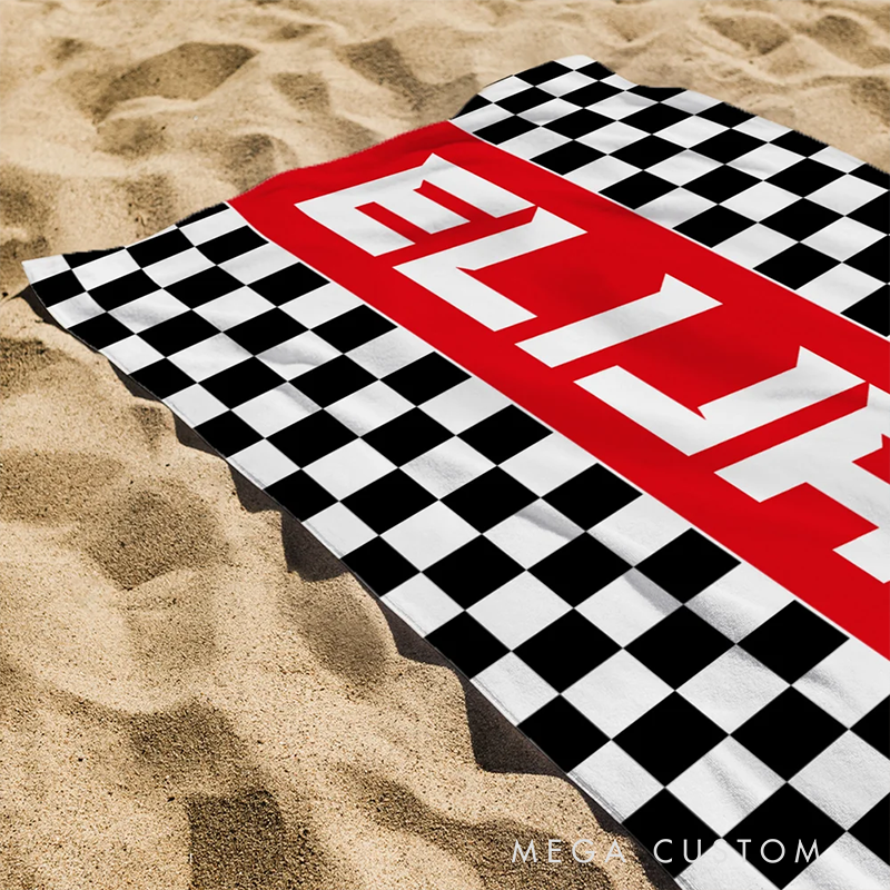 Personalized Checkered Racing Flag Beach Towel with Name Custom Oversized Towel Gift for Racers and Racing Lovers