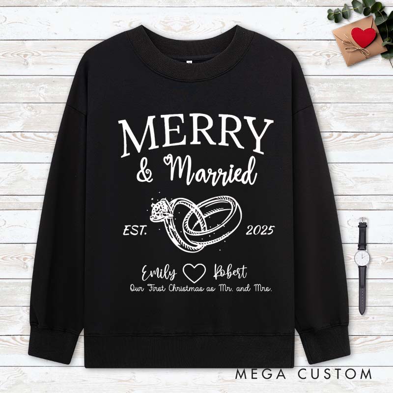 Personalized Merry and Married Sweatshirts for Newlywed Couple First Christmas Sweatshirt