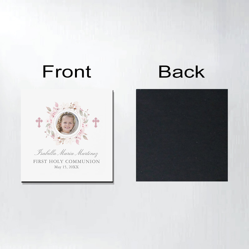 Personalized First Communion Cross Pink Flower Magnetic Fridge Magnet with Name Photo and Date First Holy Communion Gift Religious Gift