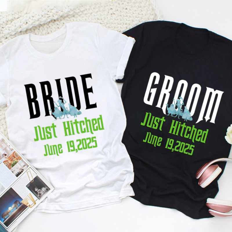 Personalized Playful Just Hitched Bride and Groom Wedding Couple Classic T-Shirt