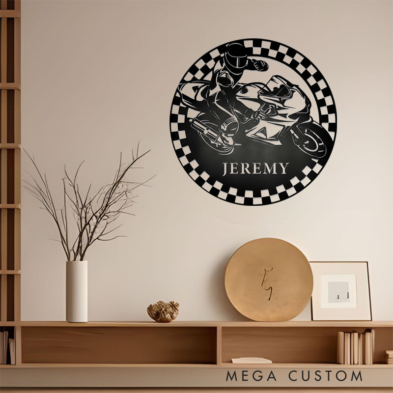 Personalized Motorcycle Racing Metal Sign Custom Name Round Wall Art Biker Garage Decor Gift for Racers and Motorcycle Lovers