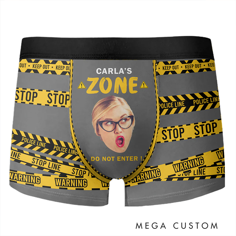 Personalized Funny Face Photo My Zone Police Line Design Men's Boxer Briefs Gift for Boyfriend and Husband