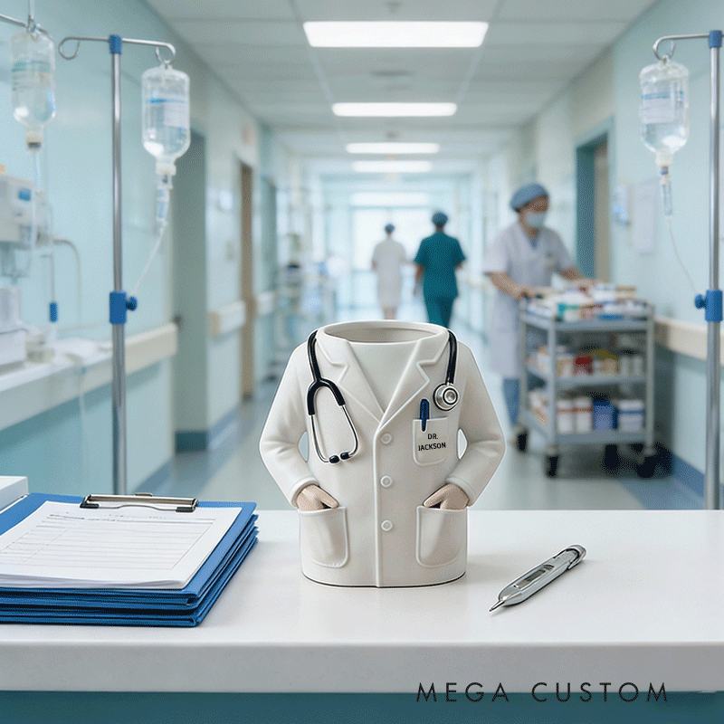 Personalized Doctor Coat Pencil Holder Custom Name Medical Desk Organizer 3D Printed Gift for Doctors Nurses and Med Students