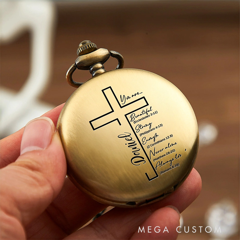 Personalized Bible Christian Cross Pocket Watch with Engraved Name Birthday Graduation Religious Gift for Christian Father Son