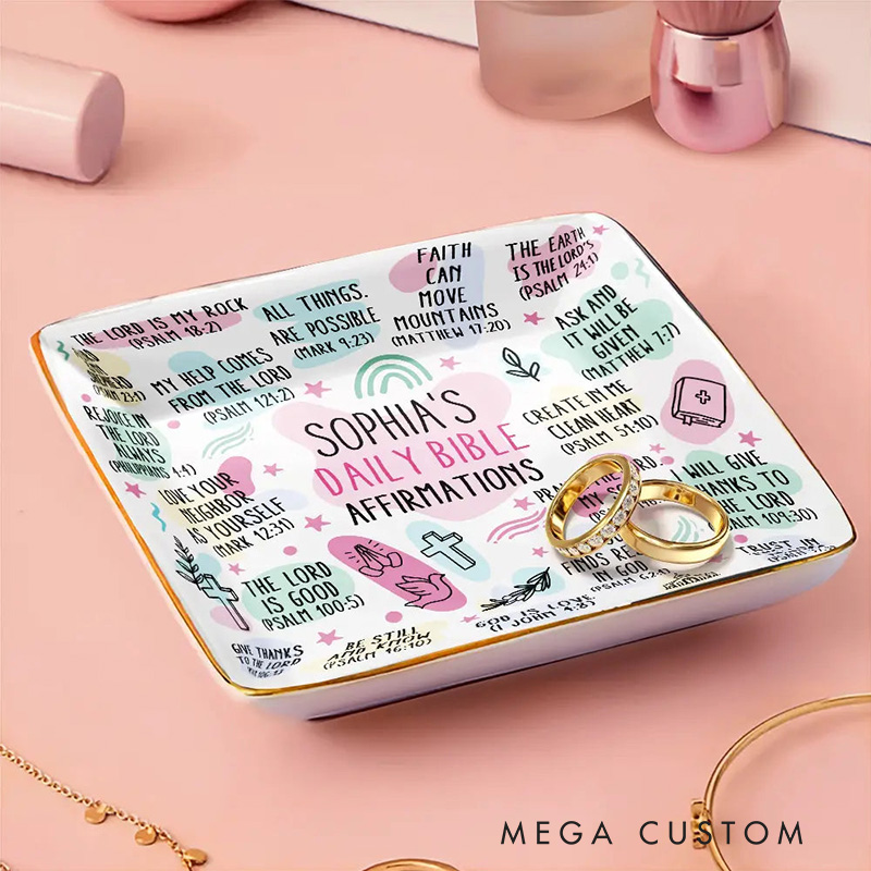 Personalized My Daily Bible Affirmations Ceramic Square Ring Dish with Name Religious Gift for Christians
