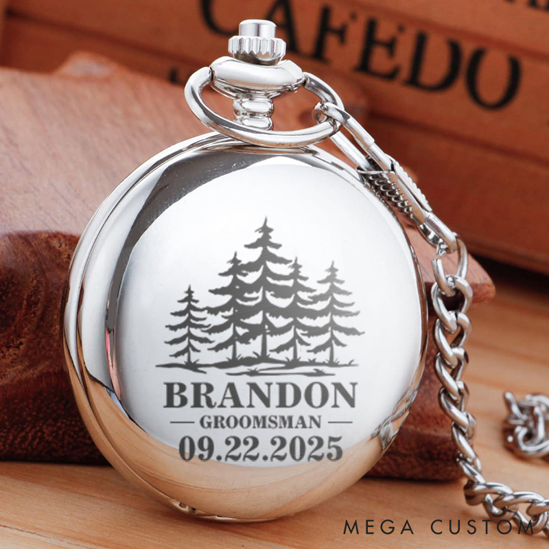 1.Personalized Groomsmen Pocket Watch Forest Wedding Party Pocket Watch Best Man Pocket Watch Unique Custom Bachelor Gift with Chain
