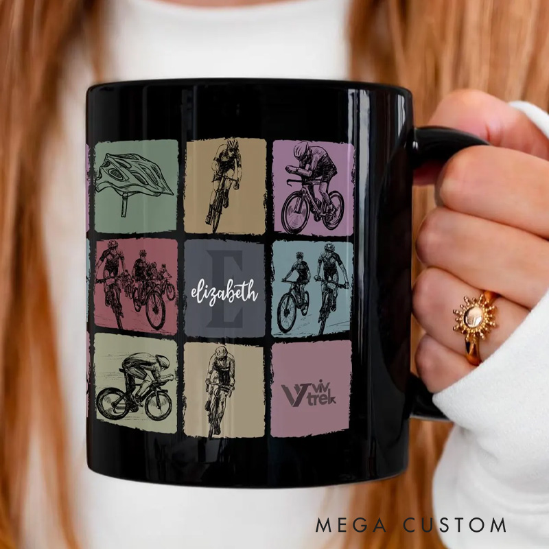 Personalized Cycling Custom Name Initial Mug Coffee Cup Gift for Cyclist Biker Drinkware Bicycle Lover Gift Sports Fitness Enthusiast Mug