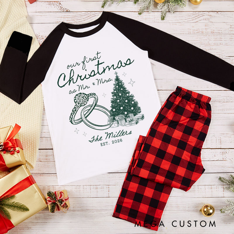 Personalized Couple Our First Christmas as Mr and Mrs Xmas Pajamas Custom Newlyweds Wedding Rings First Christmas Matching Pjs for Husband Wife
