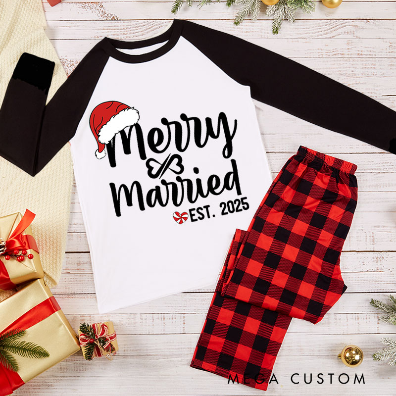 Personalized Couple Married and Merry with Santa Hat First Christmas Pajamas Custom Newlyweds Wedding First Christmas Matching Pjs for Husband Wife