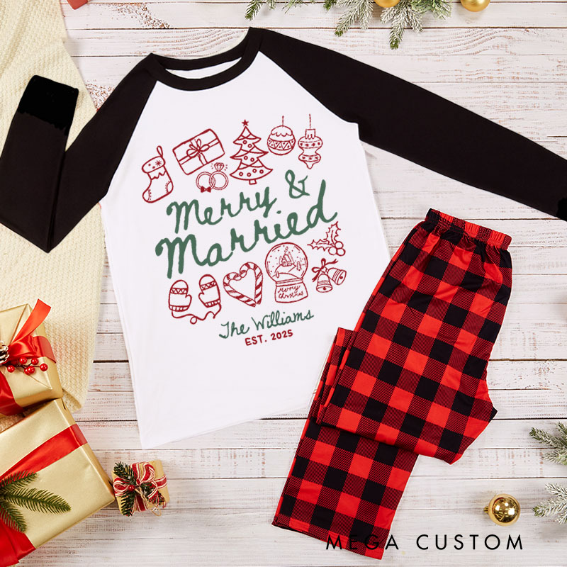 Personalized Couple Festive Merry and Married First Christmas Pajamas Custom Newlyweds Holly accents Wedding Christmas Matching Pjs for Husband Wife