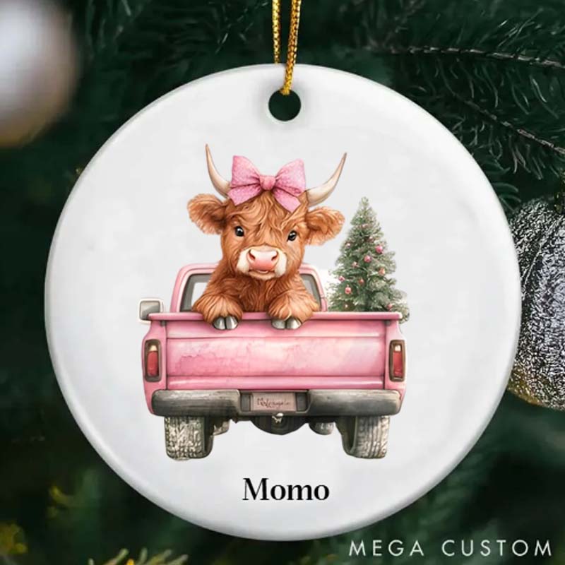 Personalized Pet Lover Pink Christmas Highland Cow Ornament