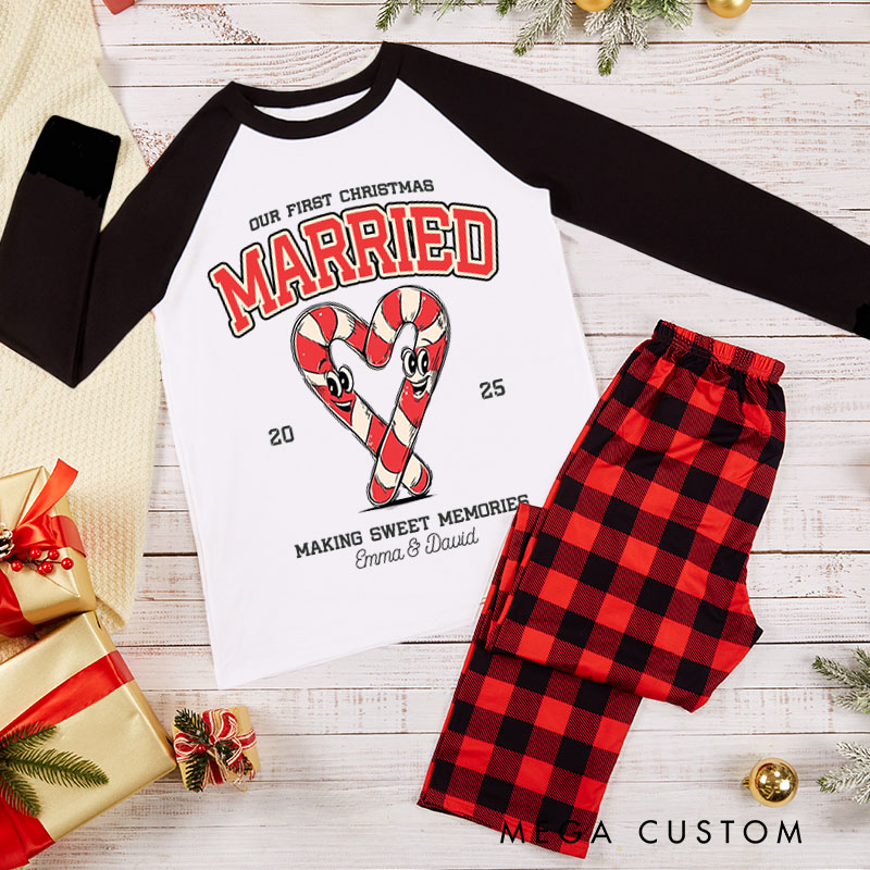 Personalized Couple Our First Christmas Making Sweet Memories Pajamas Custom Newlyweds Wedding Heart Candy Canes Xmas Matching Pjs for Husband Wife