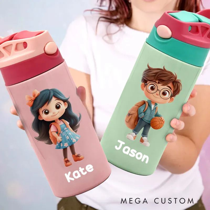 Personalized Cute Cartoon Character Name 12 oz Insulated Water Bottle with Straw and Spill-Proof Lid Back to School Gift for Boys Girls