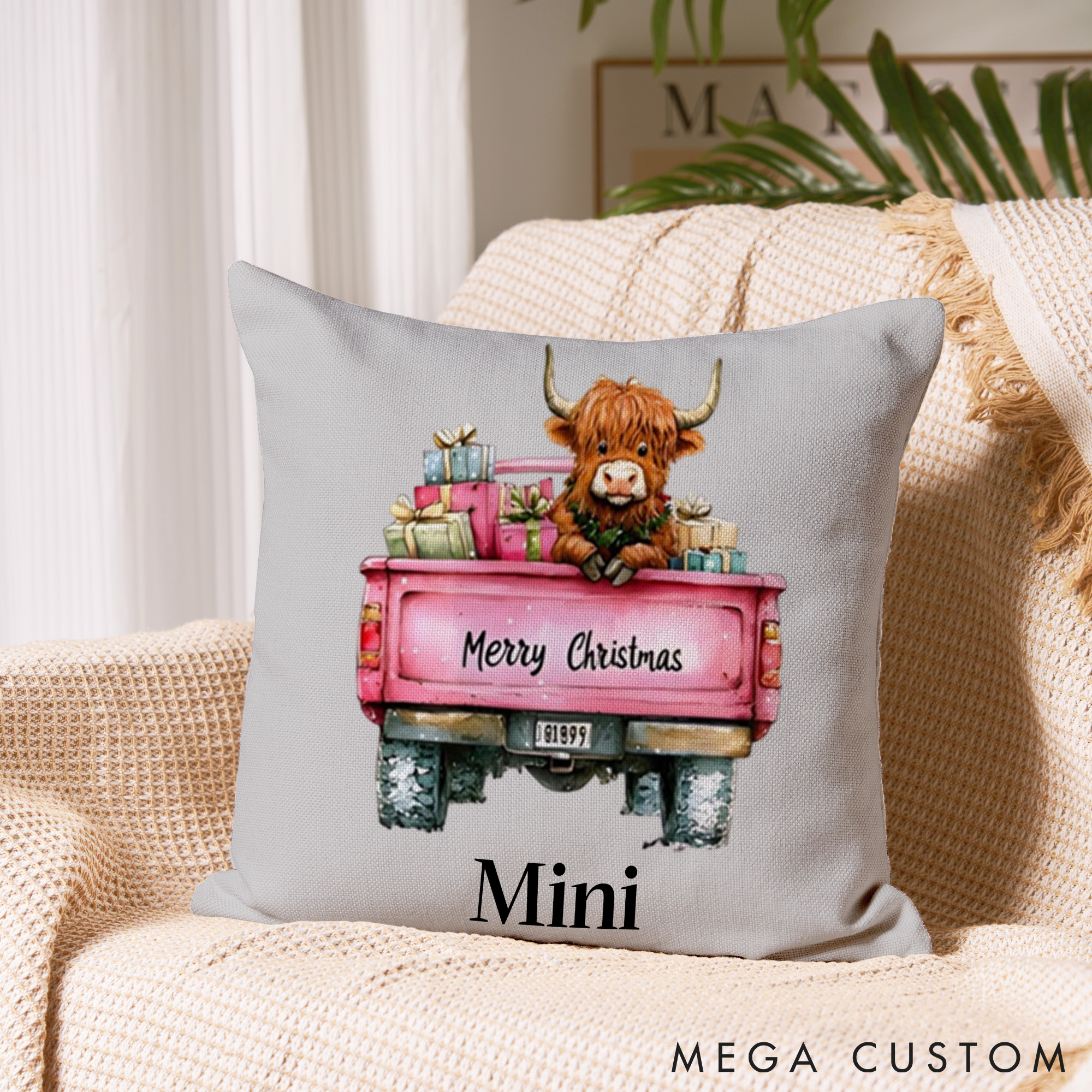 Personalized Pet Lover Pink Christmas Highland Cow Throw Pillows