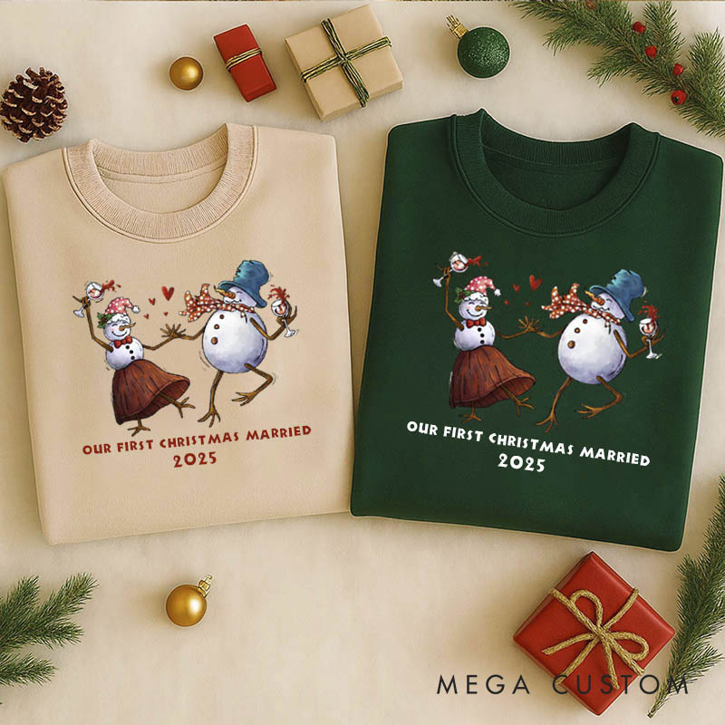 Personalized Our first Christmas Married Crewneck for Newlywed Couple Snowman Design Christmas Sweatshirt Couple Holiday Outfit