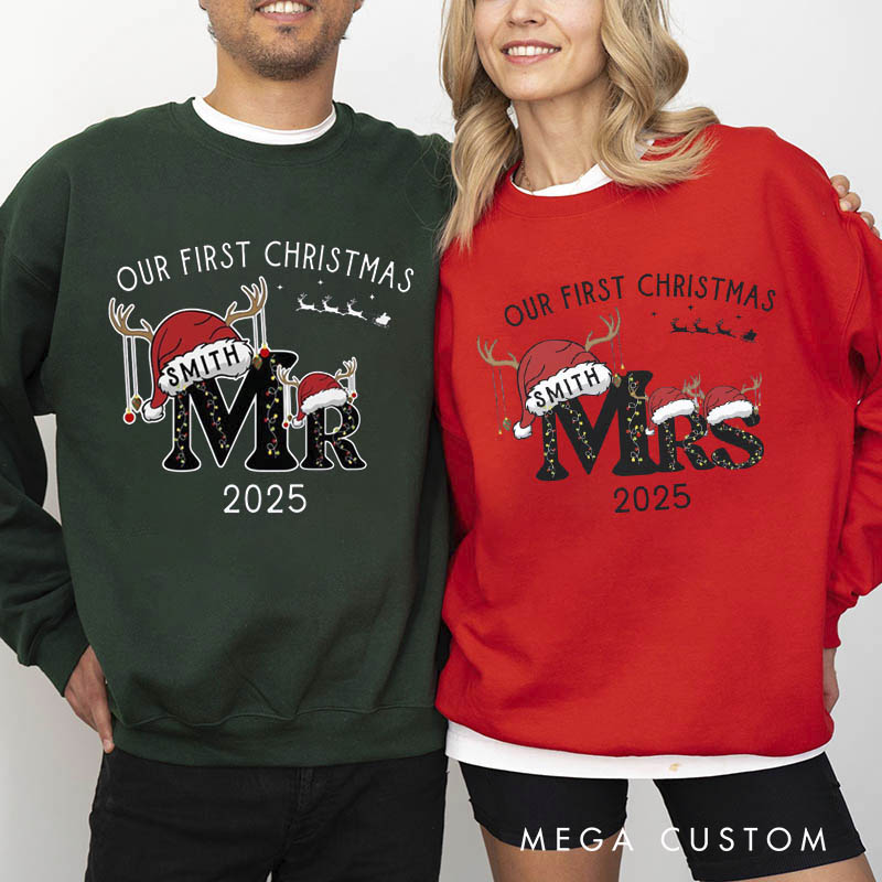Personalized First Christmas as Mr and Mrs Crewneck for Newlywed Couple Snowman Design Christmas Sweatshirt Couple Holiday Matching Outfit