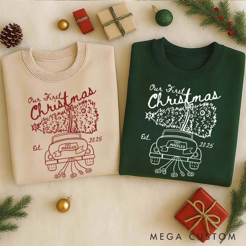 Personalized Our First Christmas Sweatshirt Crewneck for Newlywed Couple Car Design Holiday Couple Matching Outfit Gift