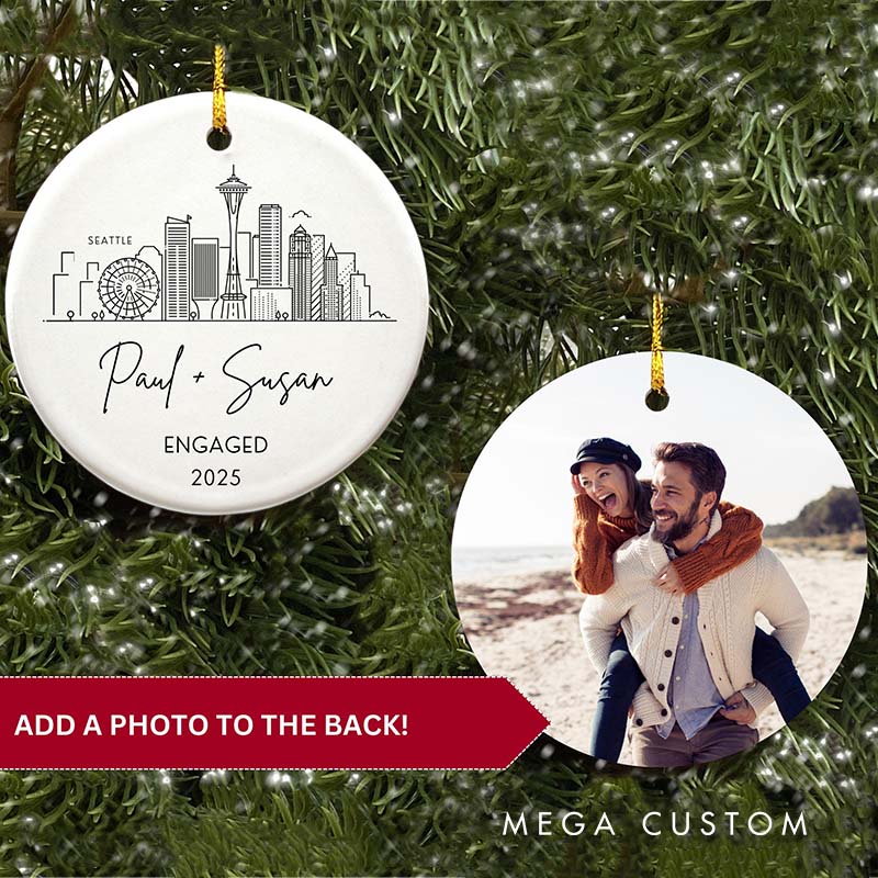 Personalized Couple City Skyline Engaged Ceramic Ornament Newlyweds Photo Married Ornament Our First Christmas Ornament Wedding Bridal Shower Gift