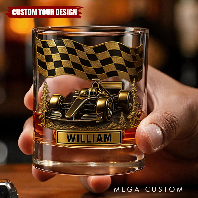 Personalized Racing Car Whiskey Glass Custom Name Design Rock Tumbler Gift for Racers and Racing Lovers