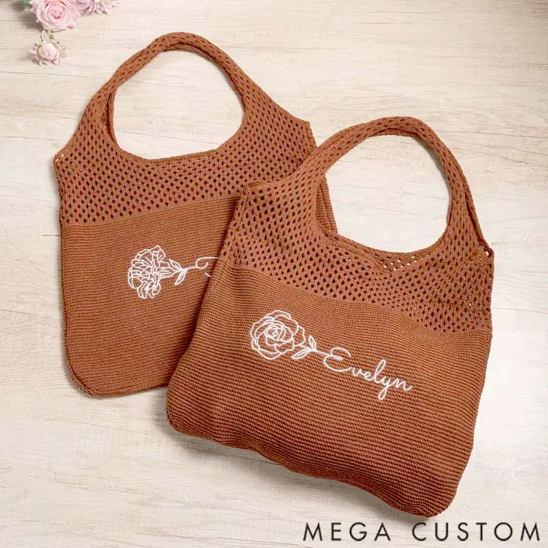 Personalized Retro Embroidered Birth Flower Crochet Mesh Tote Bag with Name Summer Beach Travel Birthday Gift for Women