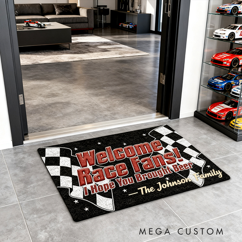 Personalized Welcome Race Fans Doormat Custom Family Name Racing Checkered Flag Design for Racers and Racing Lovers