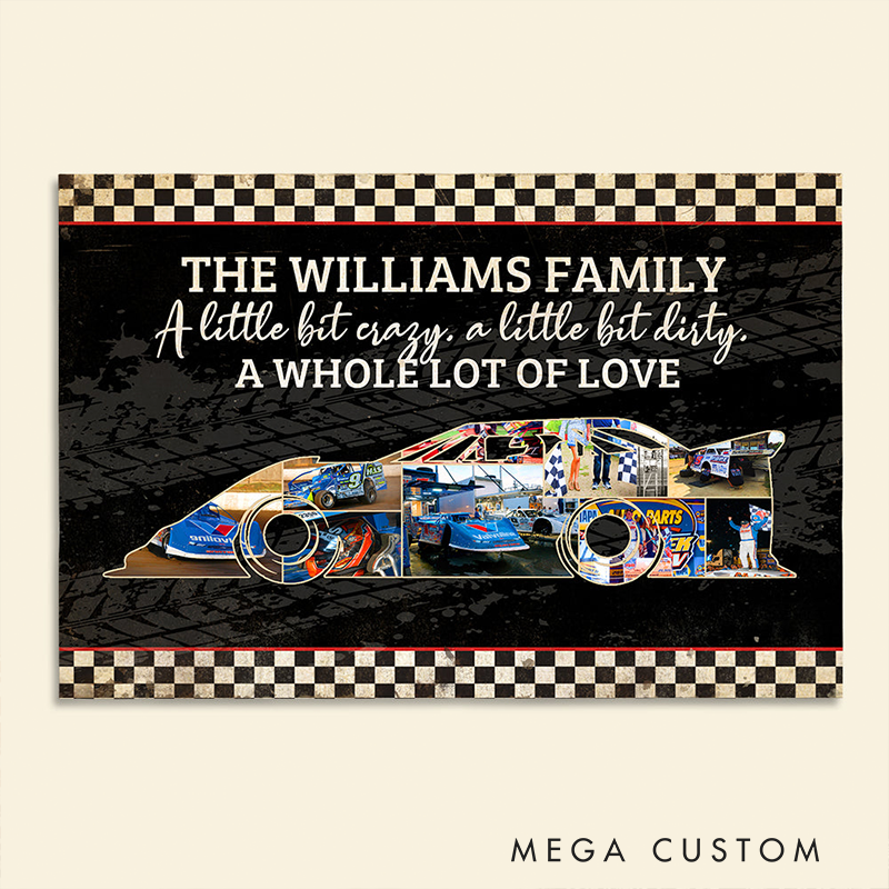 Personalized Racing Family Poster Custom Name and Photos Race Car Shape Wall Art Gift for Dirt Track and Racing Lovers